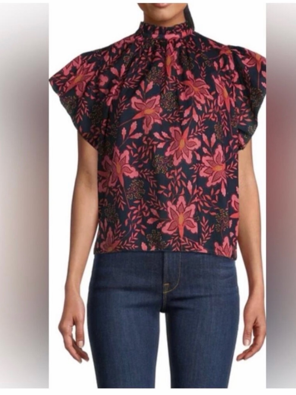 TROVATA BY BIRDS OF PARADIS Carla Highneck Shirt In Floral Pink Geranium Cotton
